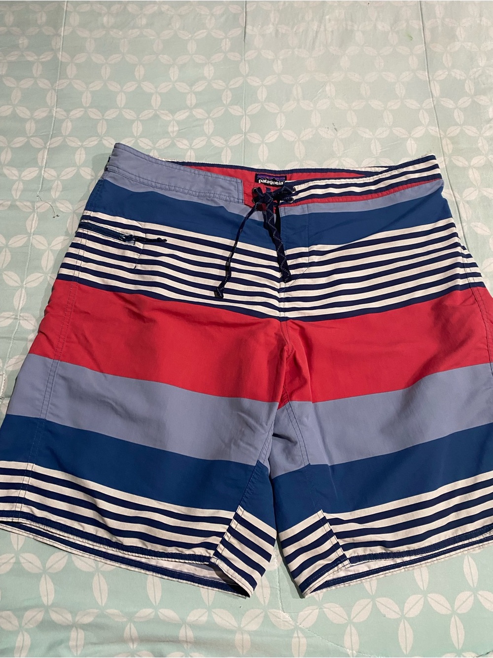 Patagonia Men’s Red, Blue & Light Blue Striped Board Shorts